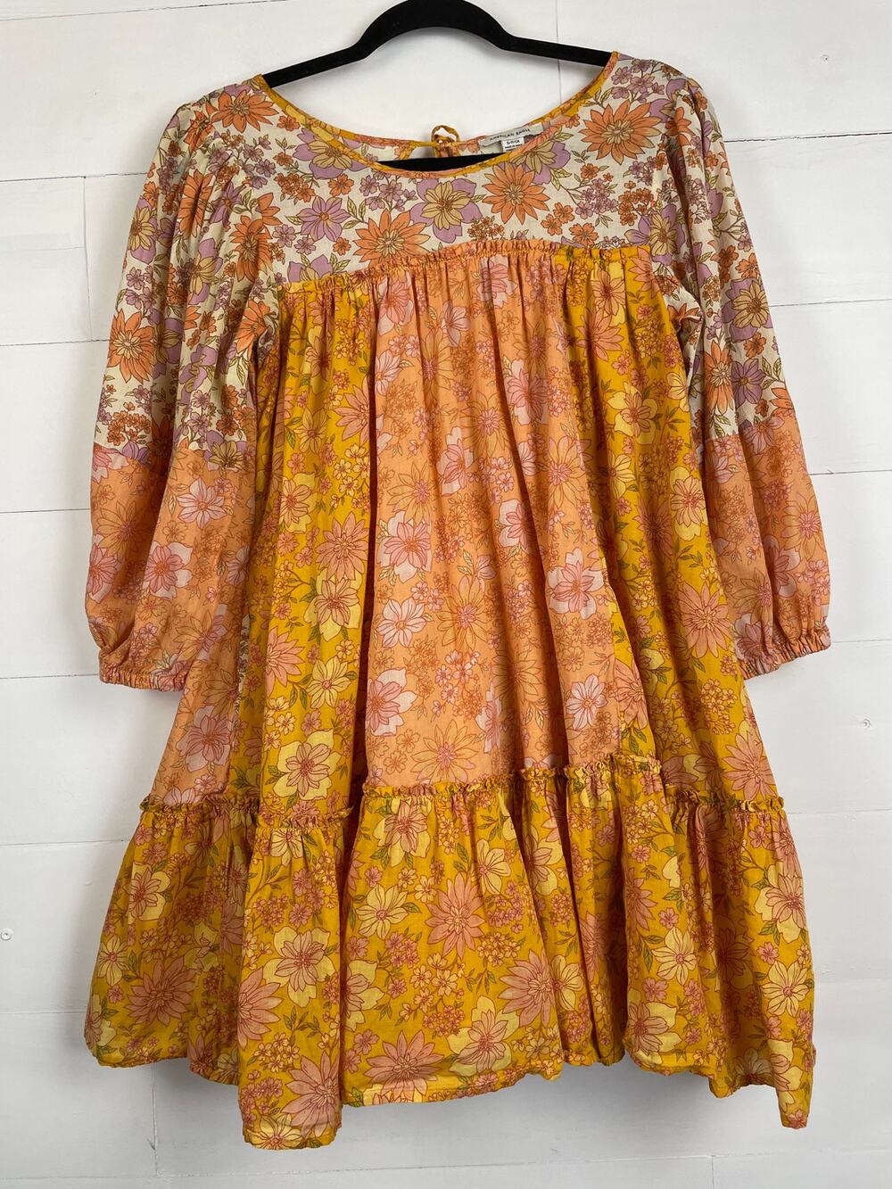 American Eagle Floral Patchwork Tiered Babydoll Mini Dress Yellow/Orange Boho Sm